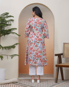 Vaasva Women Peach Floral Cotton Printed Flare Kurti | Grocsy