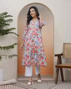 Vaasva Women Peach Floral Cotton Printed Flare Kurti | Grocsy