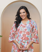 Vaasva Women Peach Floral Cotton Printed Flare Kurti | Grocsy