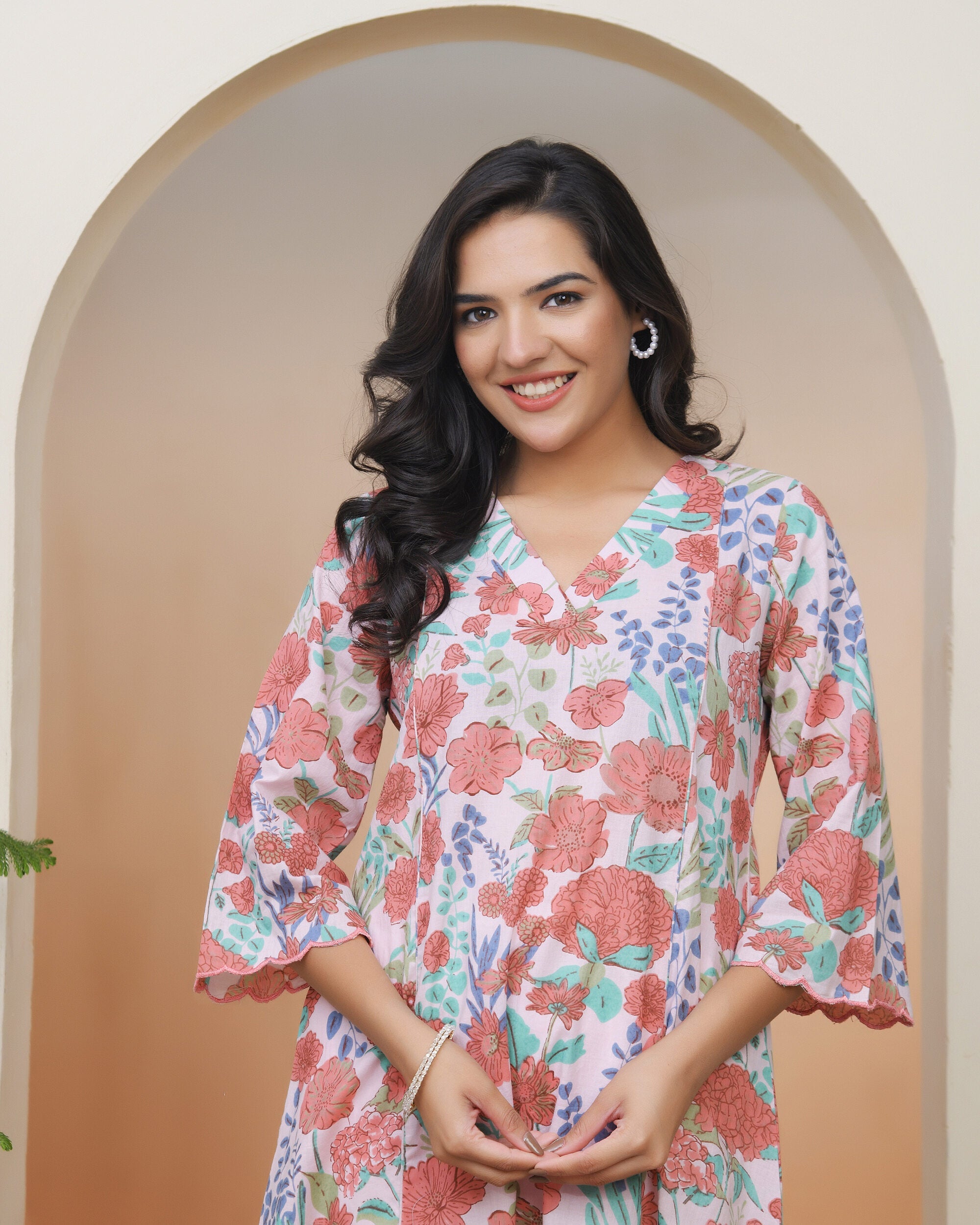 Vaasva Women Peach Floral Cotton Printed Flare Kurti | Grocsy