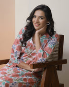 Vaasva Women Peach Floral Cotton Printed Flare Kurti | Grocsy