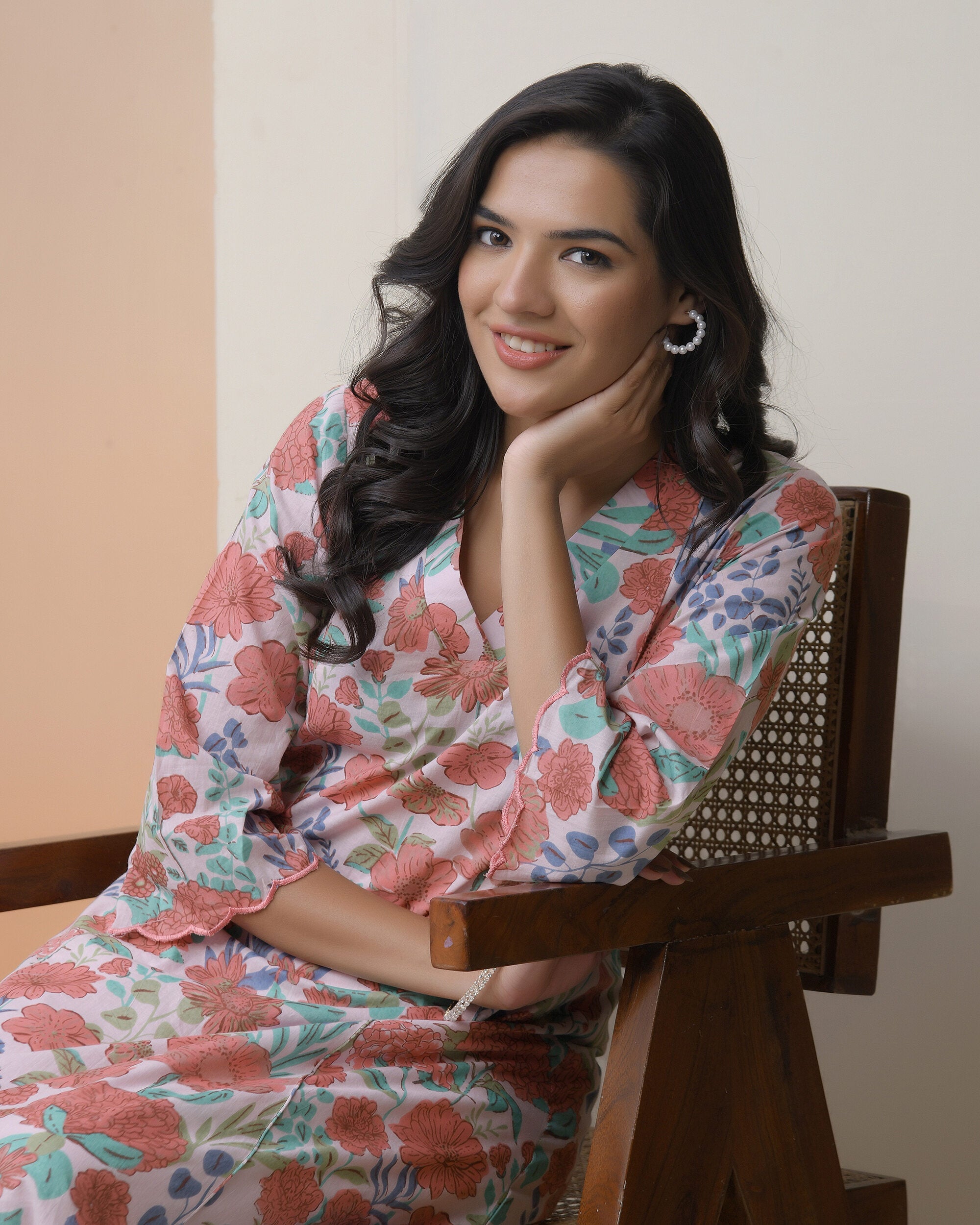 Vaasva Women Peach Floral Cotton Printed Flare Kurti | Grocsy
