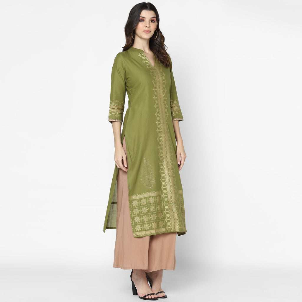 Maai Rayon Hand Printed Kurta Olive | Grocsy