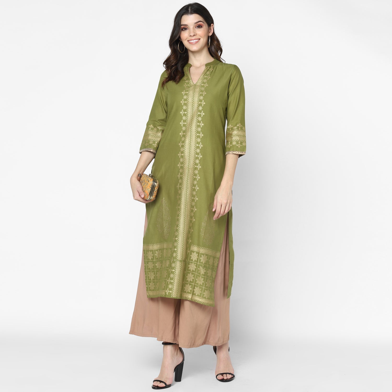 Maai Rayon Hand Printed Kurta Olive | Grocsy