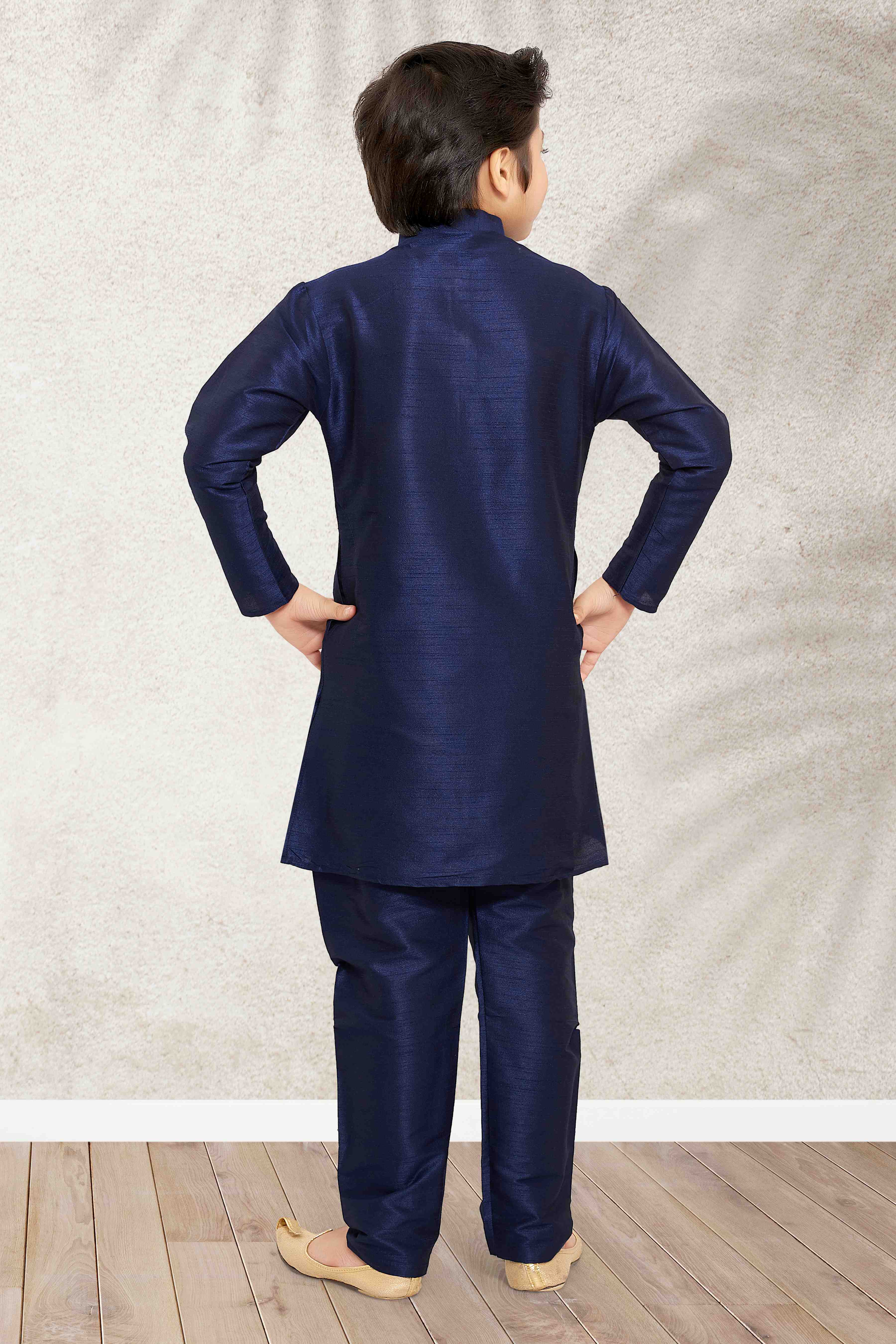 Raivat Ethnic Art Banarasi Silk Kids Kurta Pajama In Blue Colour | Grocsy