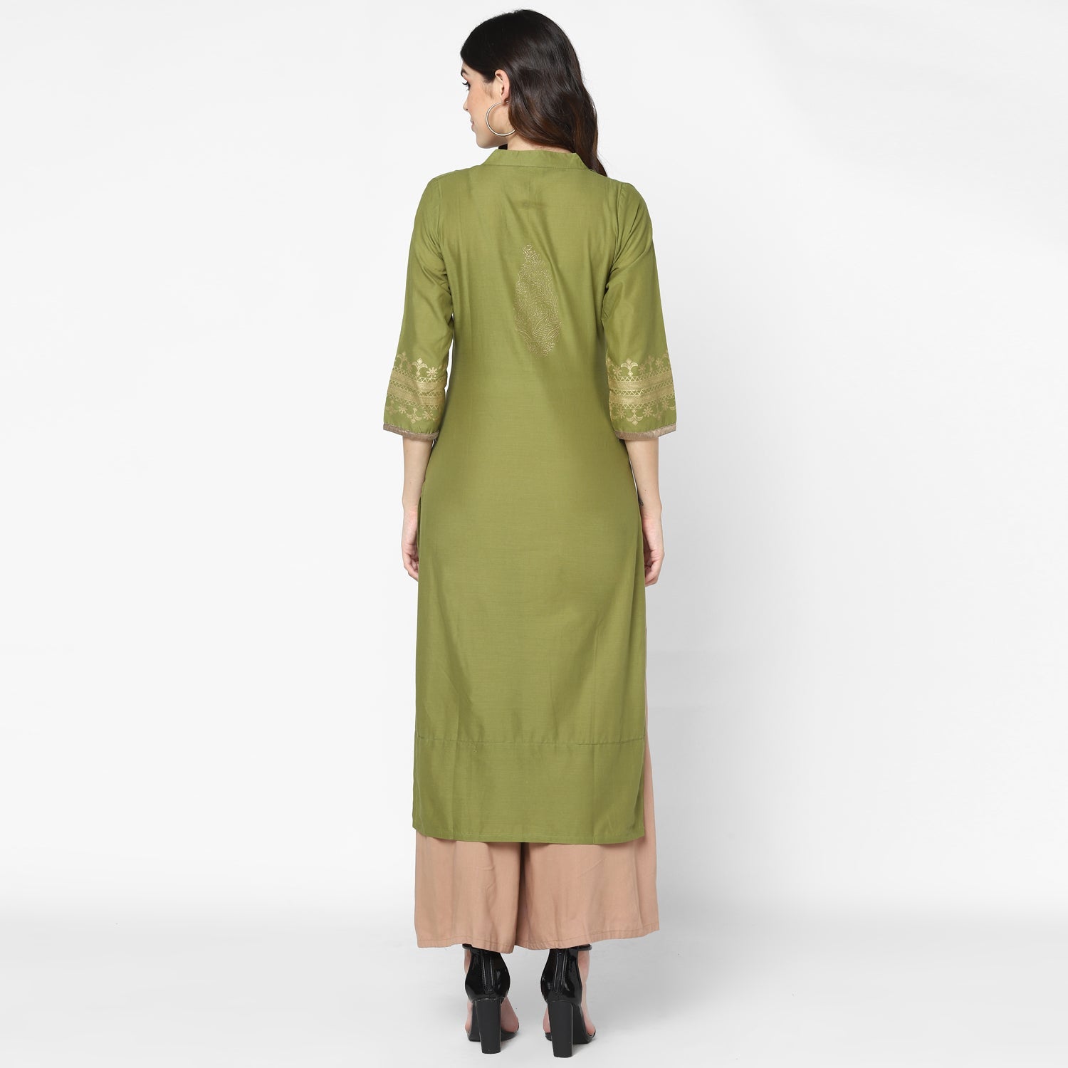 Maai Rayon Hand Printed Kurta Olive | Grocsy