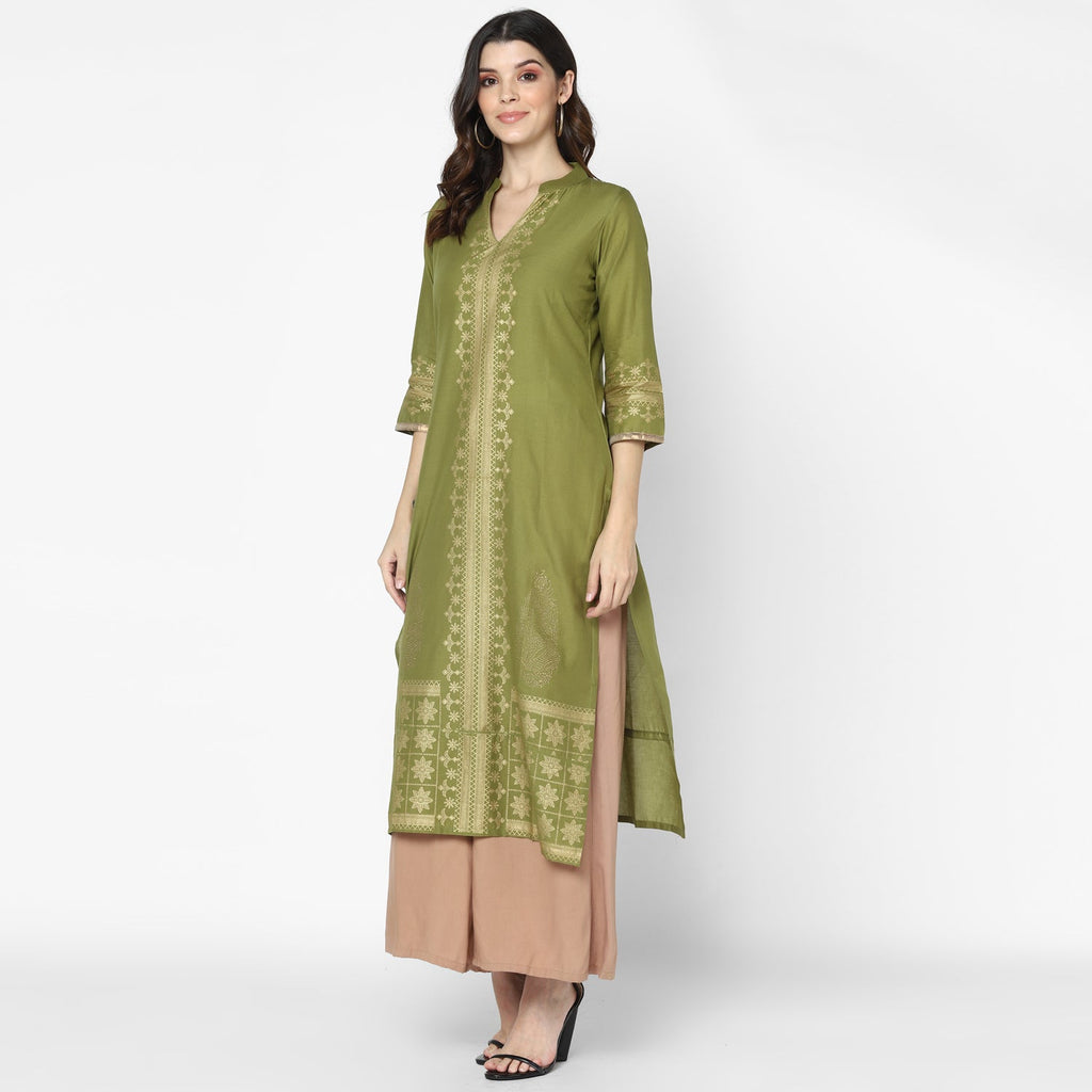 Maai Rayon Hand Printed Kurta Olive | Grocsy