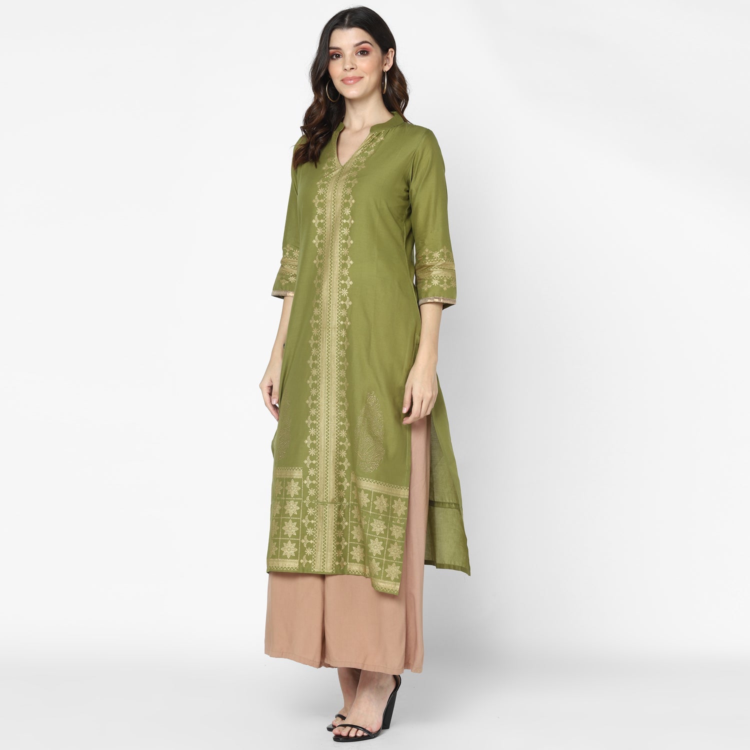 Maai Rayon Hand Printed Kurta Olive | Grocsy
