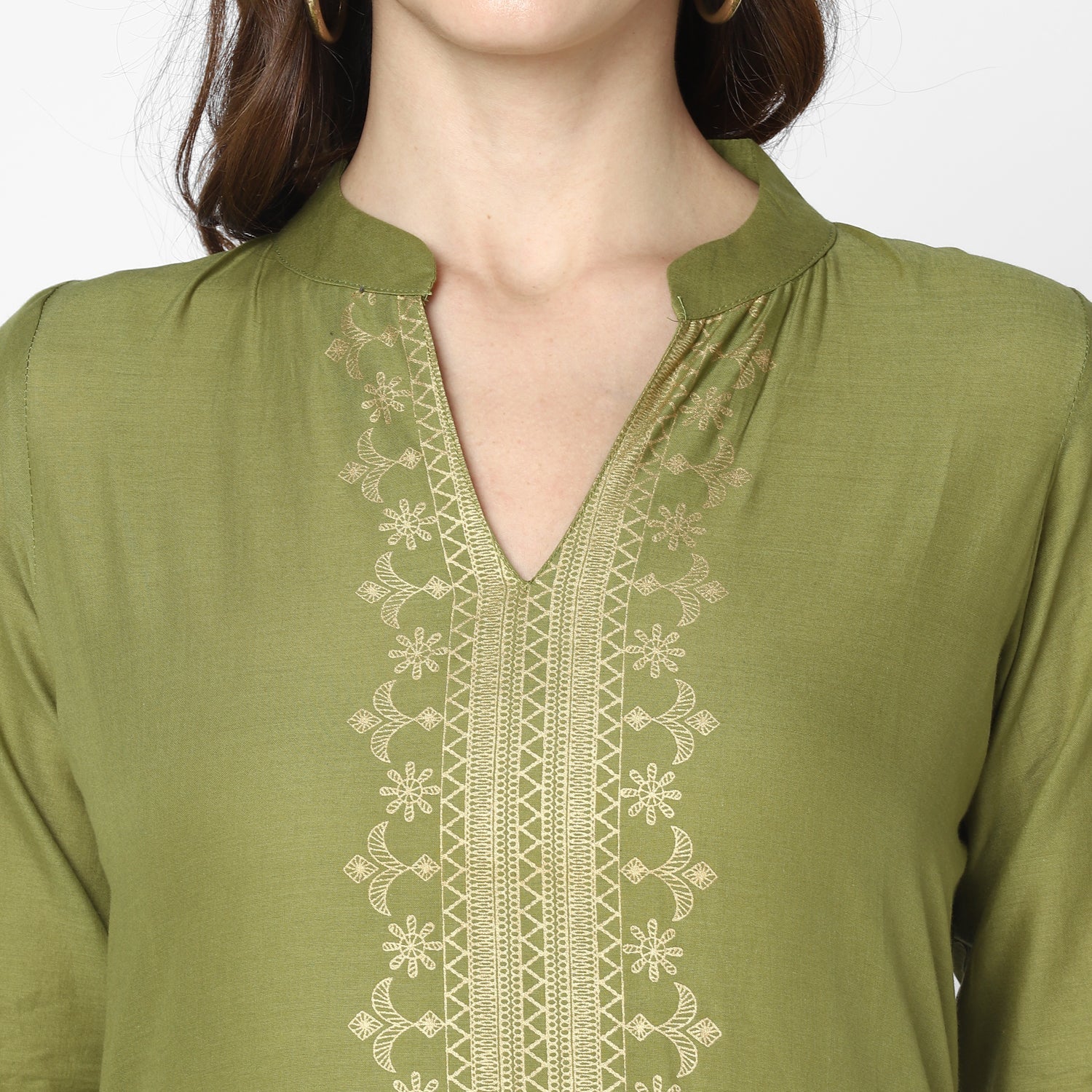 Maai Rayon Hand Printed Kurta Olive | Grocsy