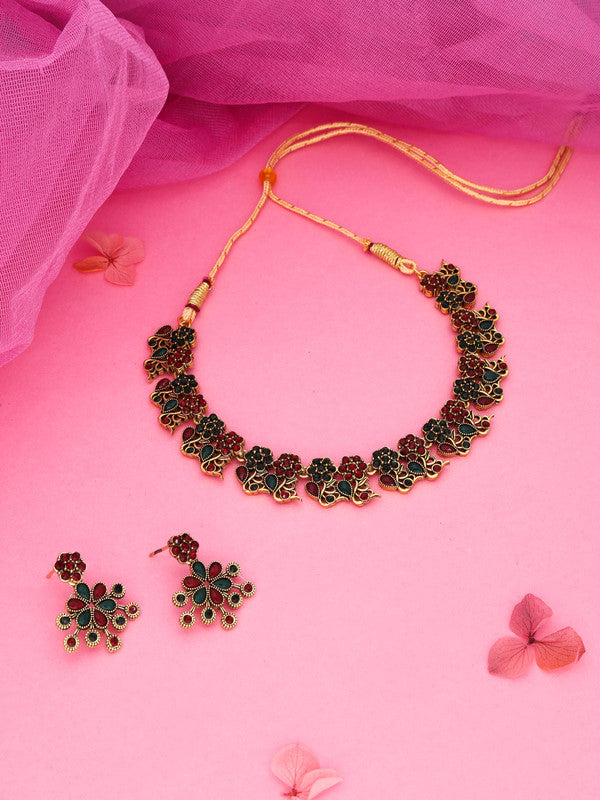 Tehzeeb Creations Luxurious Gold Polished Maroon & Green Colour Diamond Choker Necklace Set With Matching Earrings | Grocsy