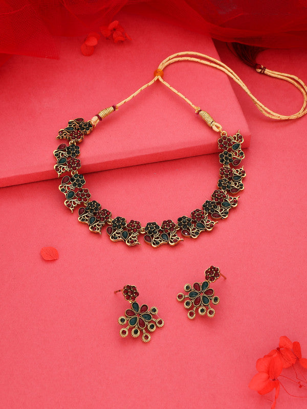 Tehzeeb Creations Luxurious Gold Polished Maroon & Green Colour Diamond Choker Necklace Set With Matching Earrings | Grocsy