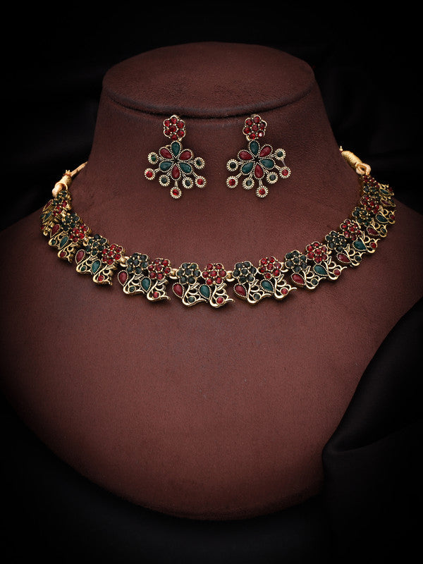 Tehzeeb Creations Luxurious Gold Polished Maroon & Green Colour Diamond Choker Necklace Set With Matching Earrings | Grocsy