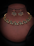 Tehzeeb Creations Luxurious Gold Polished Maroon & Green Colour Diamond Choker Necklace Set With Matching Earrings | Grocsy