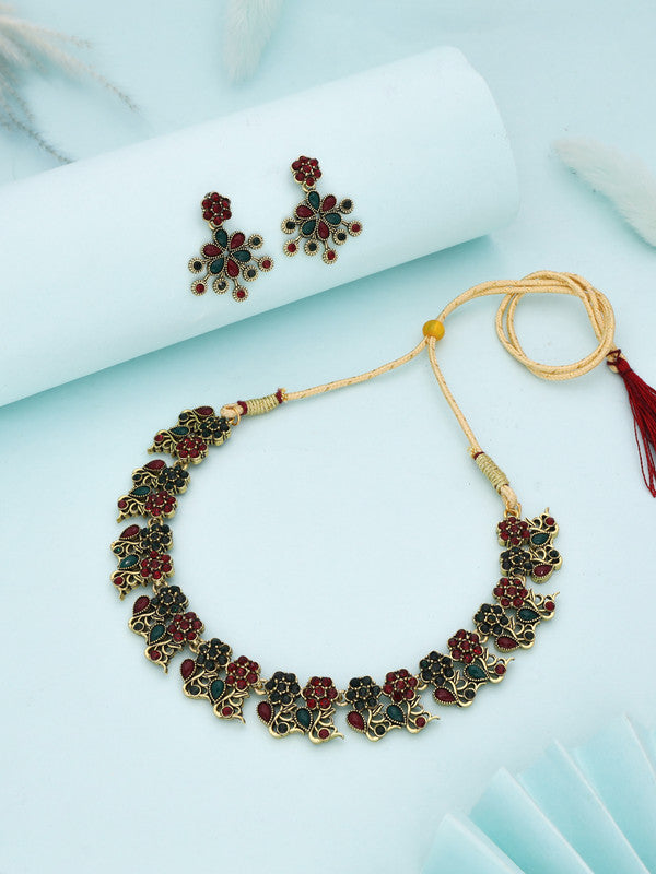 Tehzeeb Creations Luxurious Gold Polished Maroon & Green Colour Diamond Choker Necklace Set With Matching Earrings | Grocsy