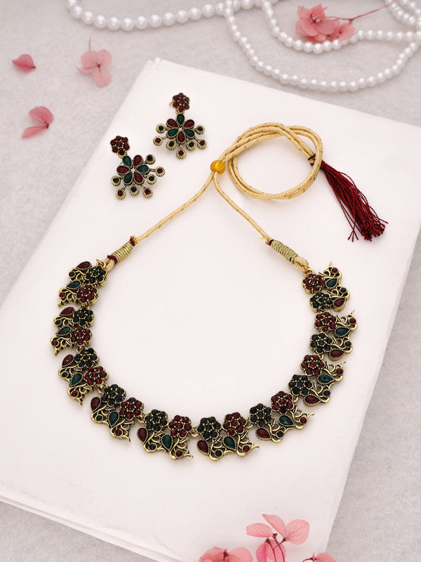 Tehzeeb Creations Luxurious Gold Polished Maroon & Green Colour Diamond Choker Necklace Set With Matching Earrings | Grocsy