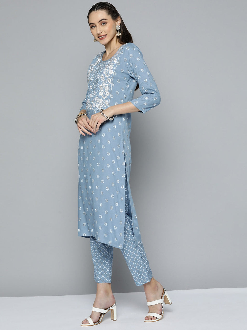 HERE&NOW Women Blue & White Ethnic Embroidered Kurta with Trousers & With Dupatta | Grocsy