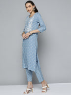 HERE&NOW Women Blue & White Ethnic Embroidered Kurta with Trousers & With Dupatta | Grocsy