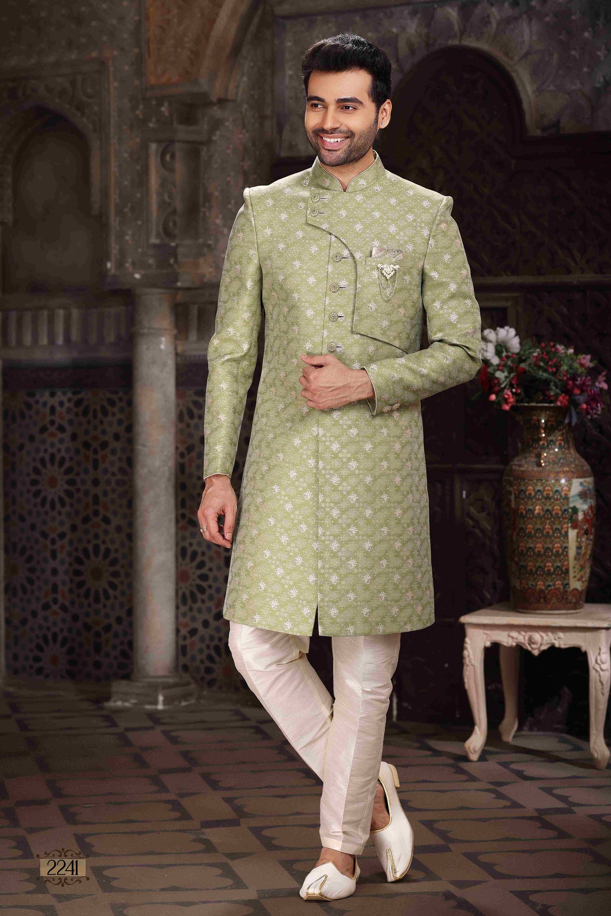 Raivat Ethnic Banarasi Jacquard Woven Work Indo Western Sherwani In Green Colour | Grocsy