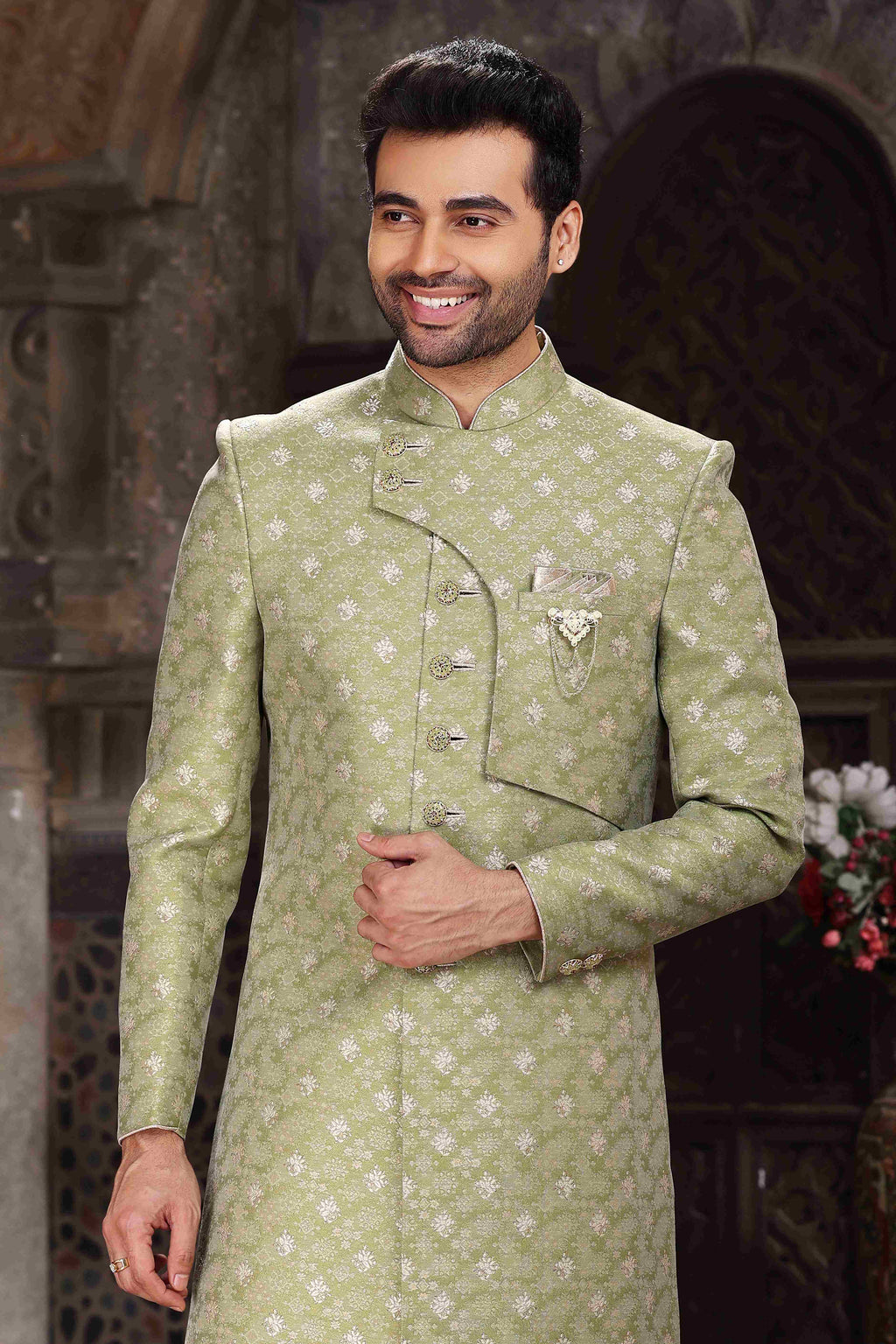 Raivat Ethnic Banarasi Jacquard Woven Work Indo Western Sherwani In Green Colour | Grocsy
