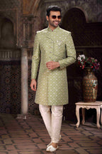 Raivat Ethnic Banarasi Jacquard Woven Work Indo Western Sherwani In Green Colour | Grocsy