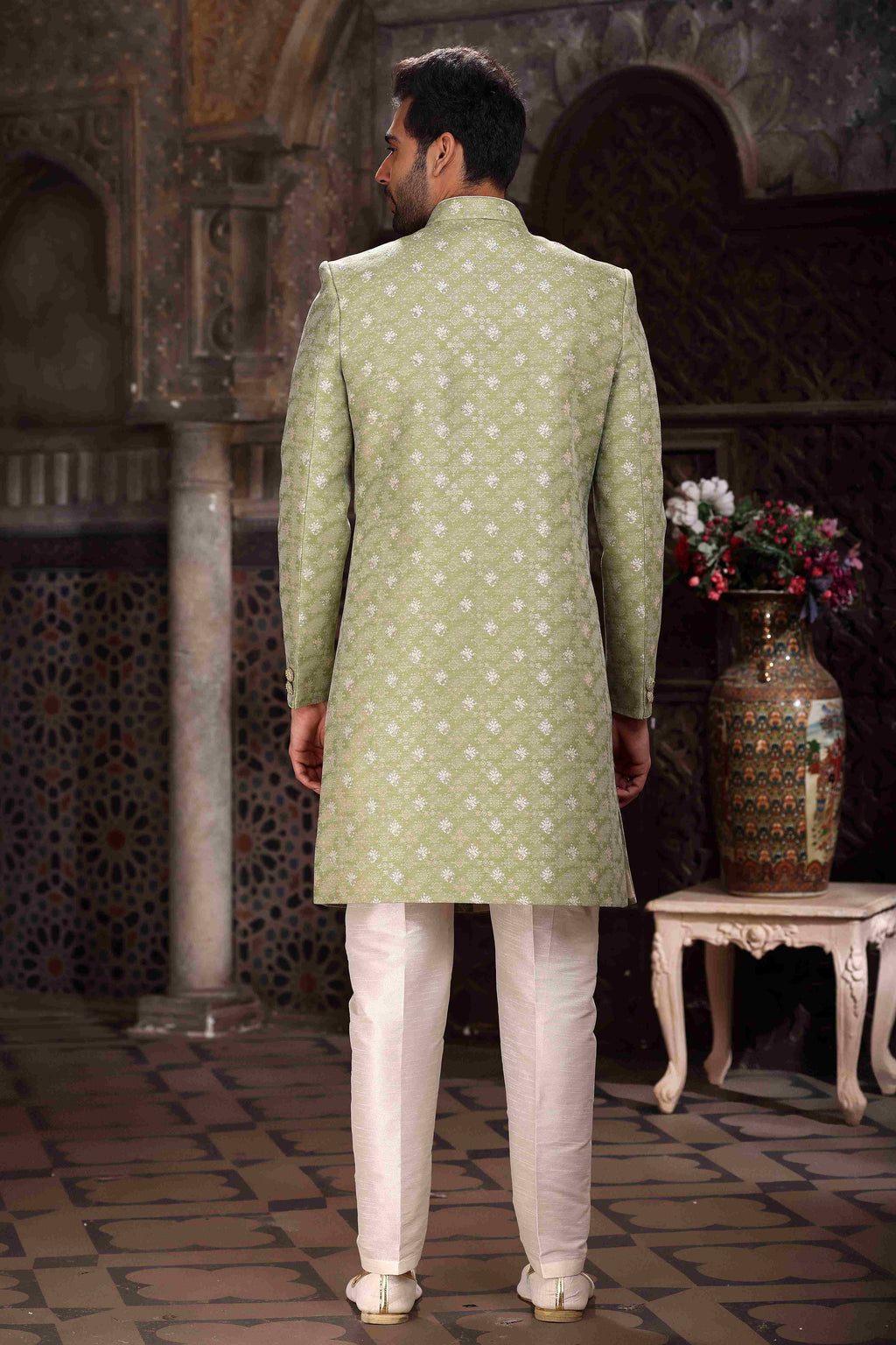 Raivat Ethnic Banarasi Jacquard Woven Work Indo Western Sherwani In Green Colour | Grocsy