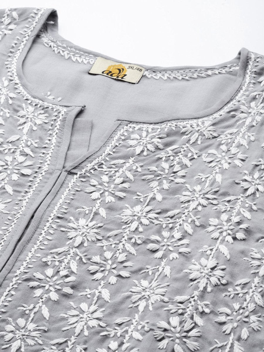 ADA Women Plus Size Grey Floral Embroidered Chikankari Kurta | Grocsy