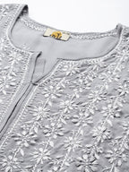 ADA Women Plus Size Grey Floral Embroidered Chikankari Kurta | Grocsy