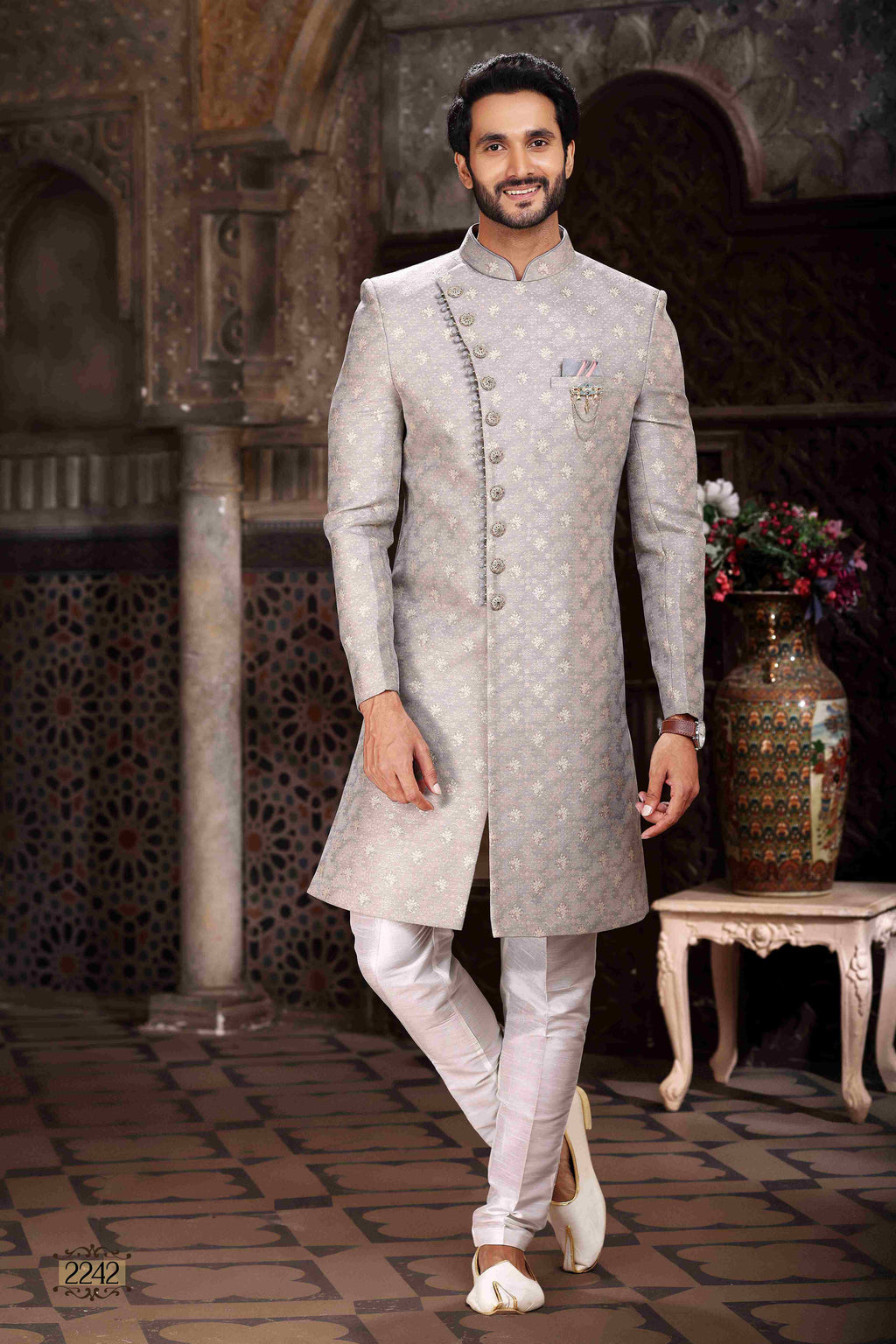 Raivat Ethnic Banarasi Jacquard Woven Work Indo Western Sherwani In Grey Colour | Grocsy