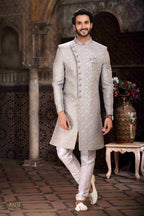 Raivat Ethnic Banarasi Jacquard Woven Work Indo Western Sherwani In Grey Colour | Grocsy