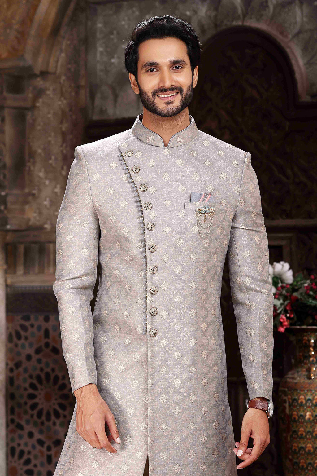 Raivat Ethnic Banarasi Jacquard Woven Work Indo Western Sherwani In Grey Colour | Grocsy