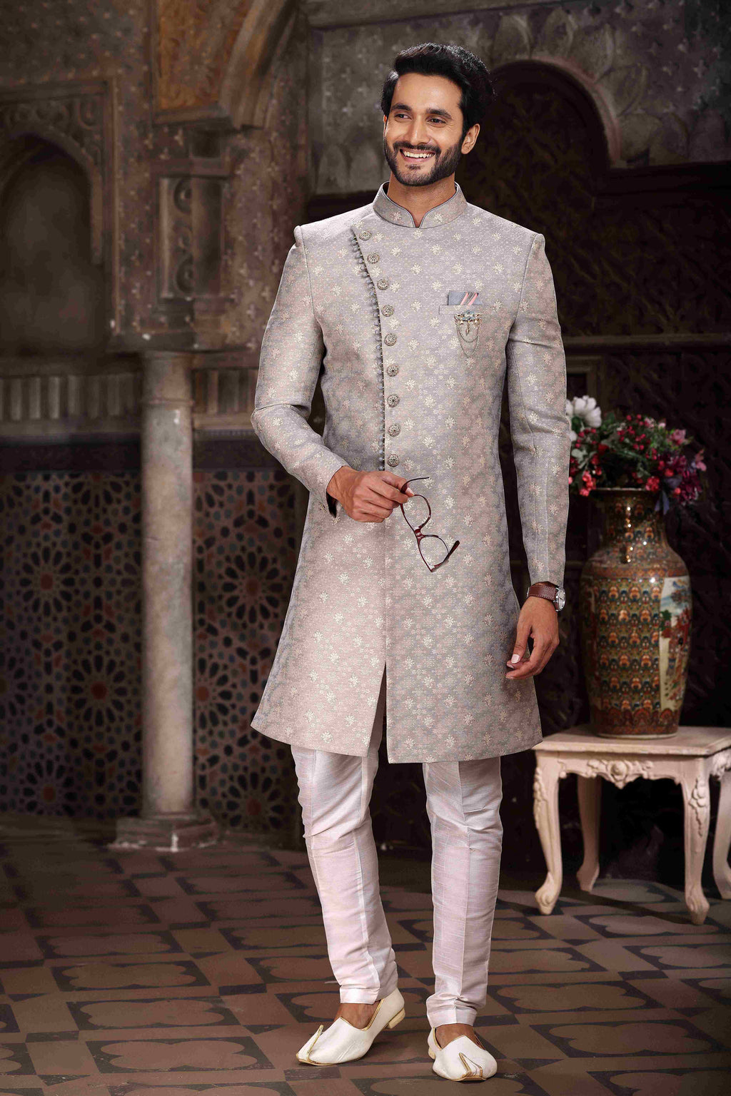 Raivat Ethnic Banarasi Jacquard Woven Work Indo Western Sherwani In Grey Colour | Grocsy