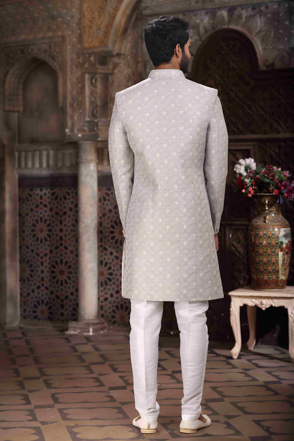 Raivat Ethnic Banarasi Jacquard Woven Work Indo Western Sherwani In Grey Colour | Grocsy