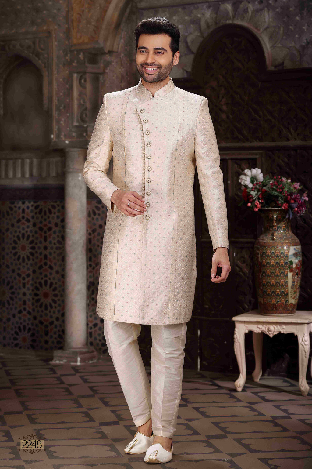 Raivat Ethnic Banarasi Jacquard Woven Work Indo Western Sherwani In Cream Colour | Grocsy