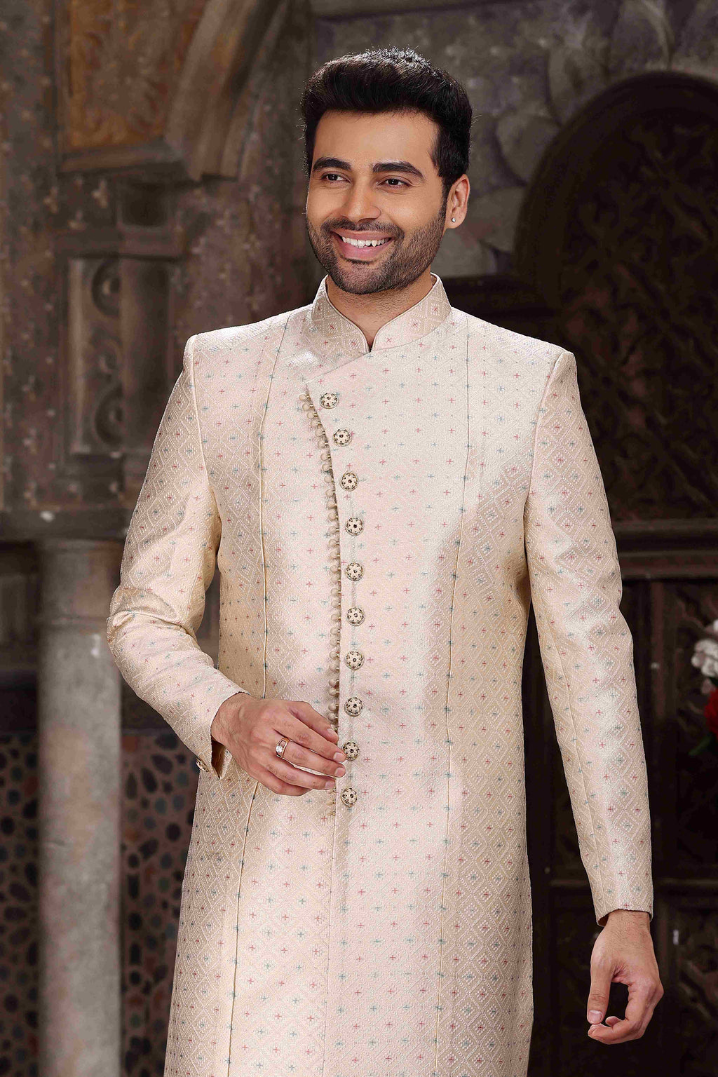Raivat Ethnic Banarasi Jacquard Woven Work Indo Western Sherwani In Cream Colour | Grocsy