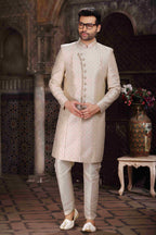 Raivat Ethnic Banarasi Jacquard Woven Work Indo Western Sherwani In Cream Colour | Grocsy