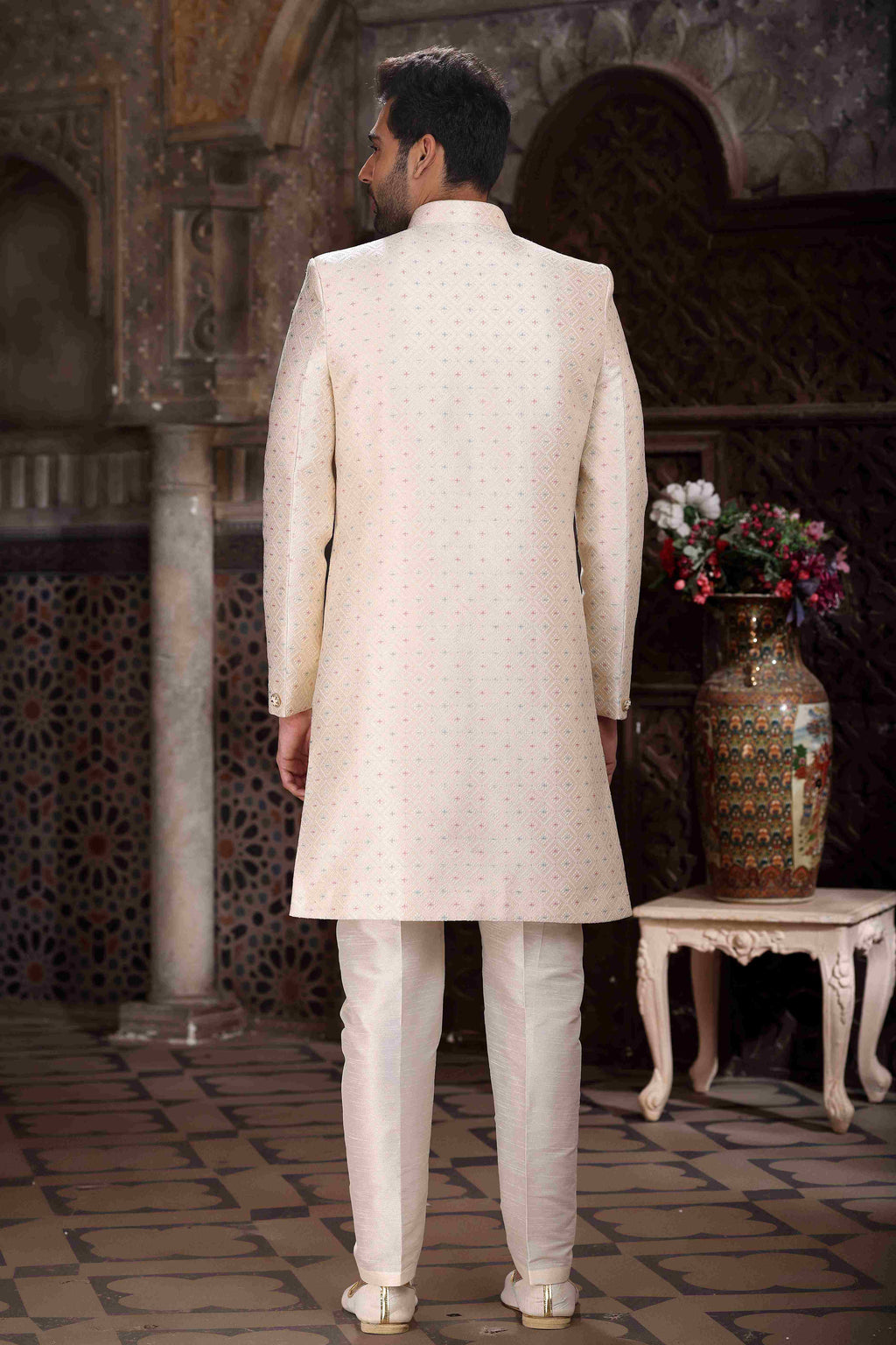 Raivat Ethnic Banarasi Jacquard Woven Work Indo Western Sherwani In Cream Colour | Grocsy