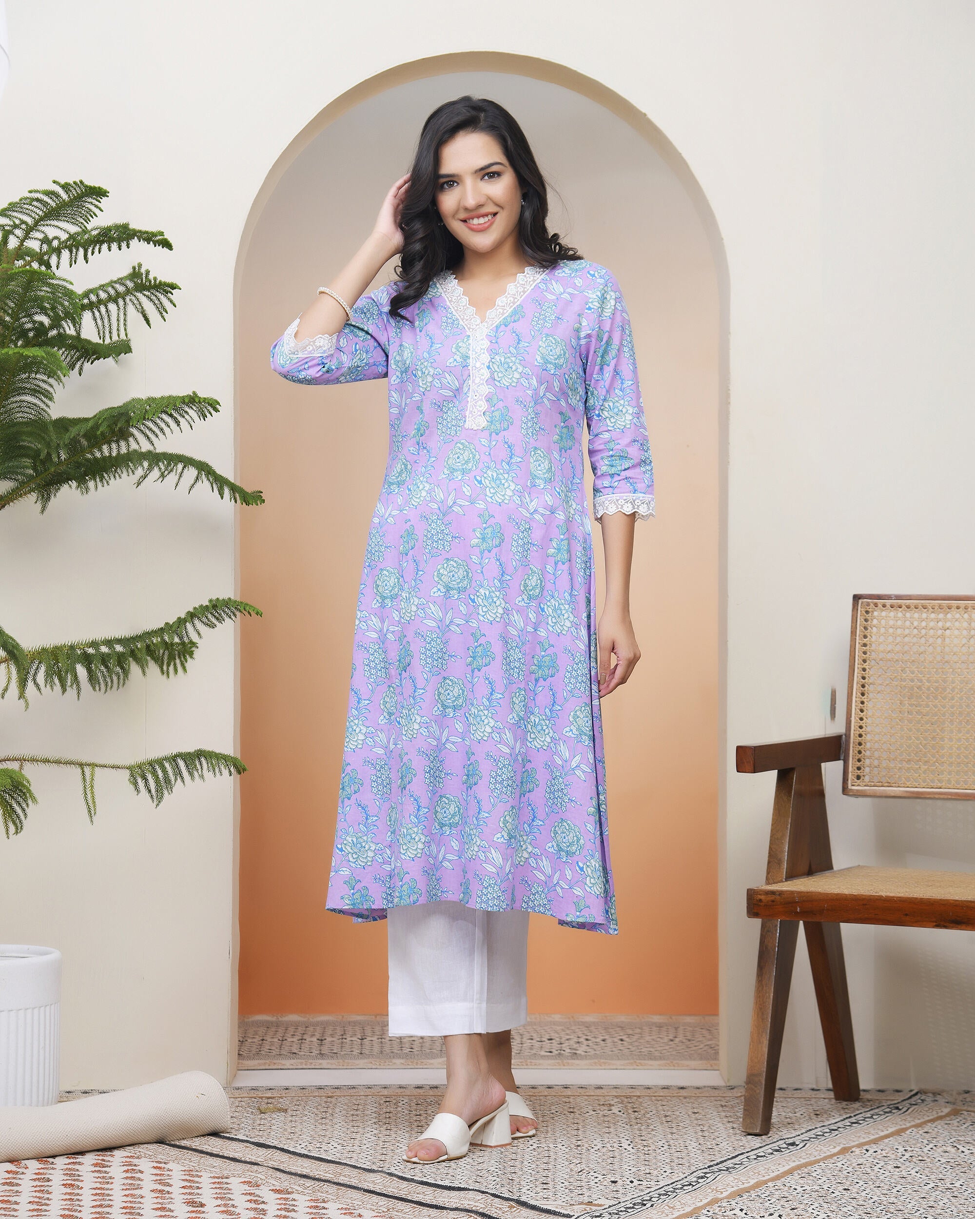 Vaasva Women Lavender Floral Cotton Printed Flare Kurti | Grocsy