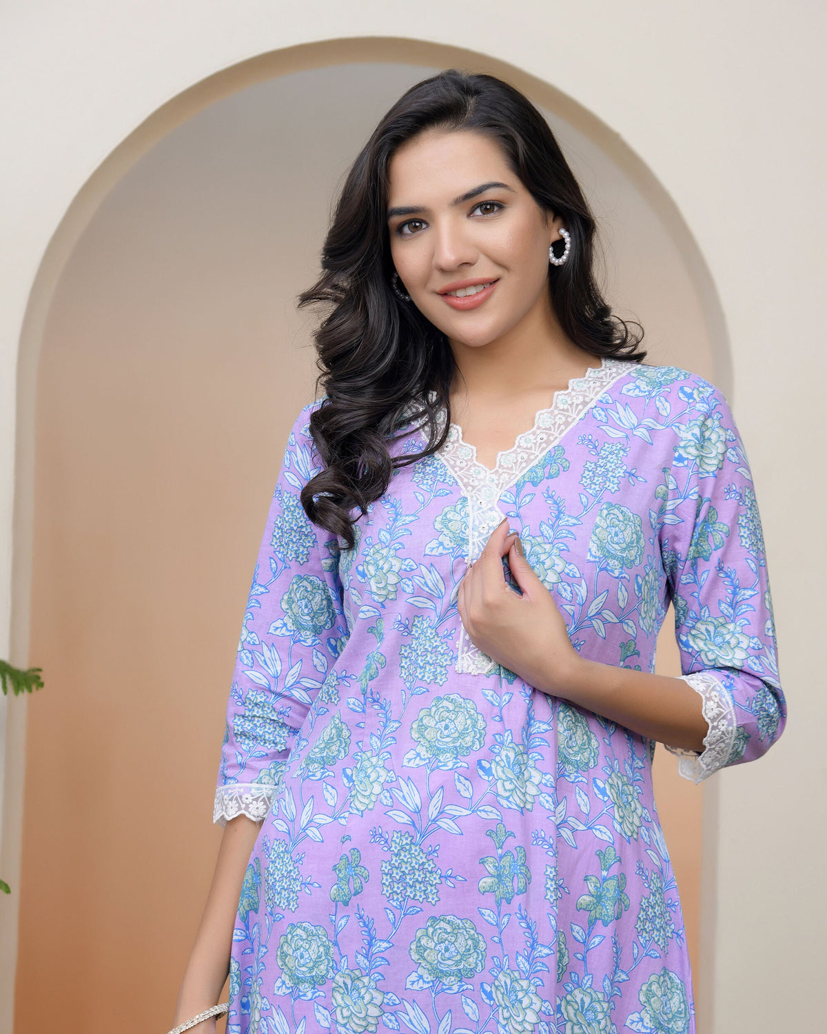 Vaasva Women Lavender Floral Cotton Printed Flare Kurti | Grocsy