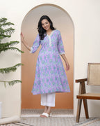 Vaasva Women Lavender Floral Cotton Printed Flare Kurti | Grocsy