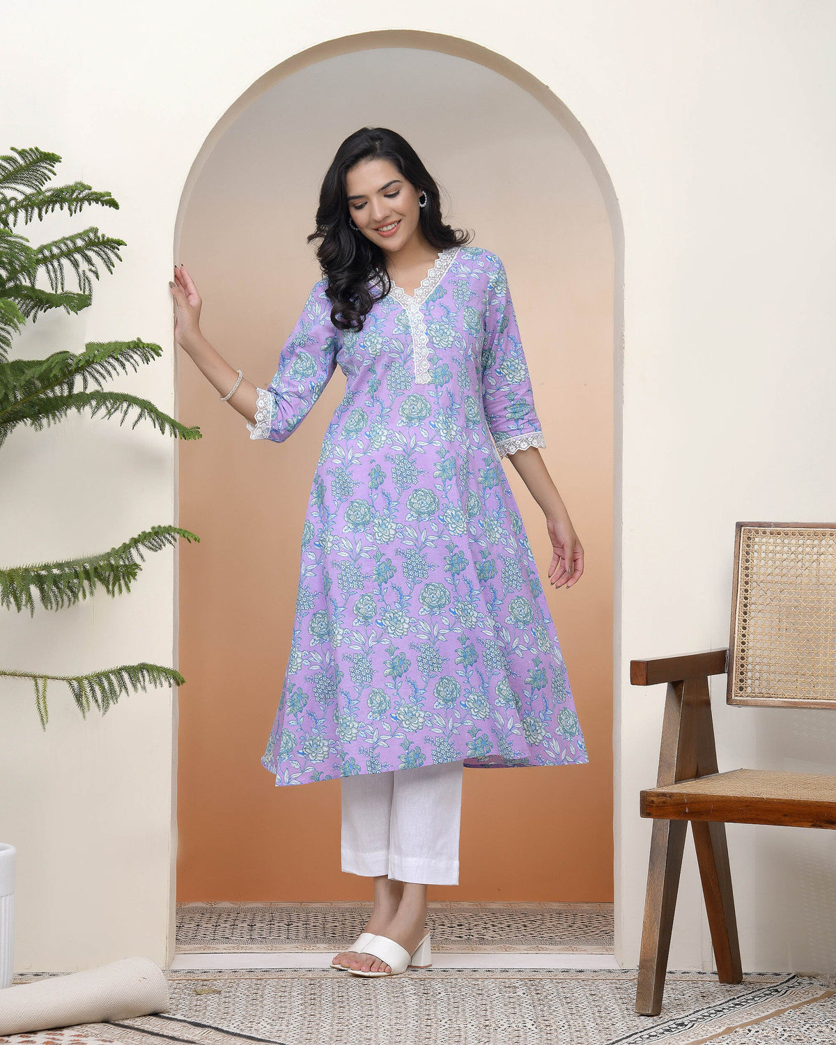 Vaasva Women Lavender Floral Cotton Printed Flare Kurti | Grocsy