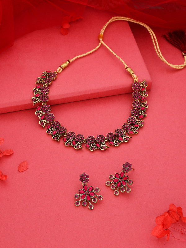 Tehzeeb Creations Luxurious Gold Polished Pink Colour Diamond Choker Necklace Set With Matching Earrings | Grocsy