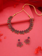 Tehzeeb Creations Luxurious Gold Polished Pink Colour Diamond Choker Necklace Set With Matching Earrings | Grocsy