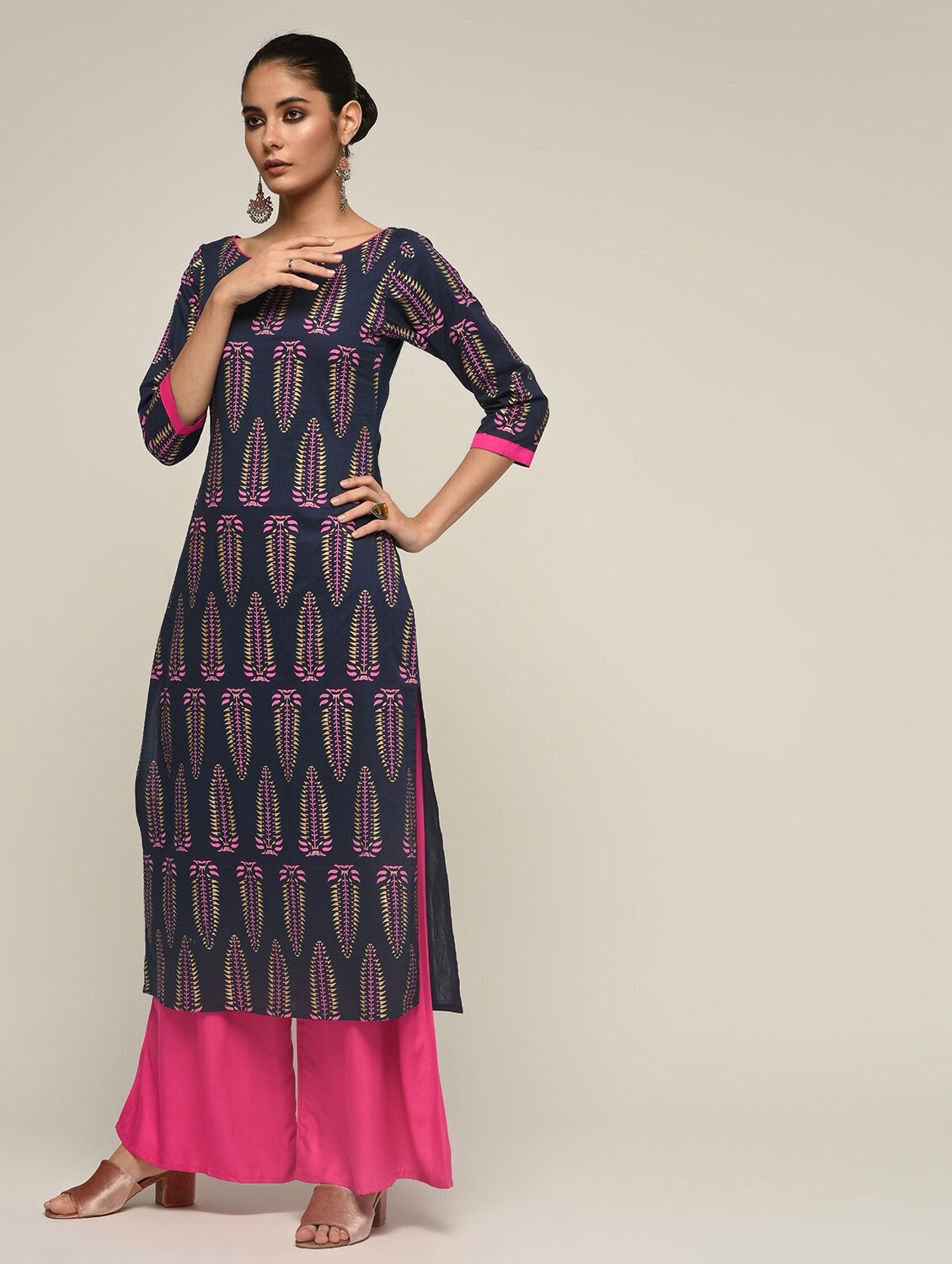 Maai Rayon Hand Printed Kurta Navy | Grocsy