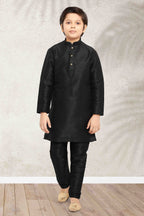 Raivat Ethnic Art Banarasi Silk Kids Kurta Pajama In Black Colour | Grocsy