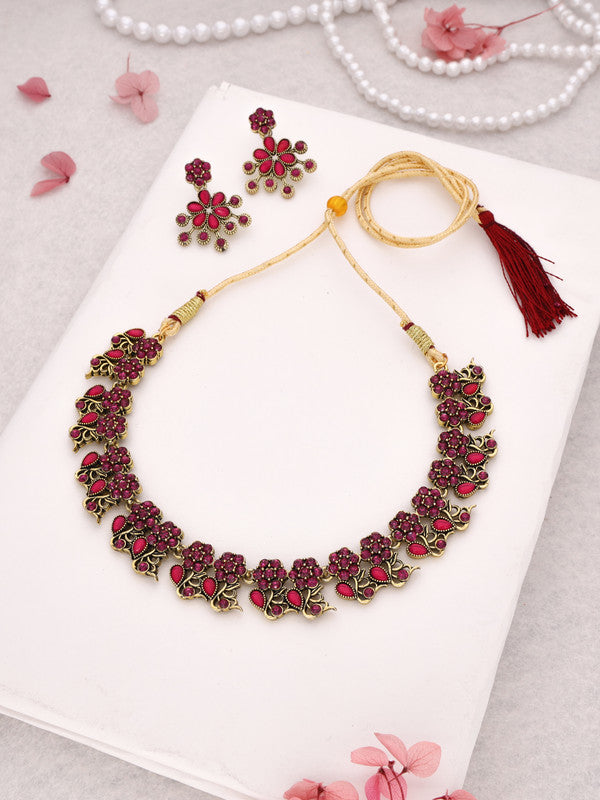 Tehzeeb Creations Luxurious Gold Polished Pink Colour Diamond Choker Necklace Set With Matching Earrings | Grocsy
