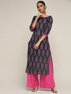 Maai Rayon Hand Printed Kurta Navy | Grocsy