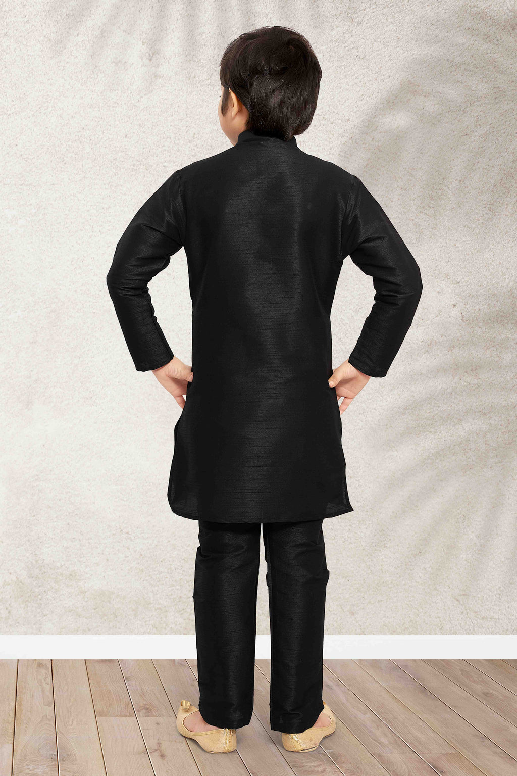 Raivat Ethnic Art Banarasi Silk Kids Kurta Pajama In Black Colour | Grocsy