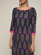 Maai Rayon Hand Printed Kurta Navy | Grocsy
