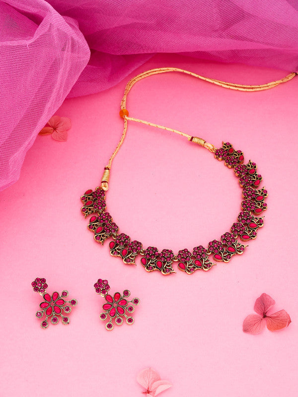 Tehzeeb Creations Luxurious Gold Polished Pink Colour Diamond Choker Necklace Set With Matching Earrings | Grocsy