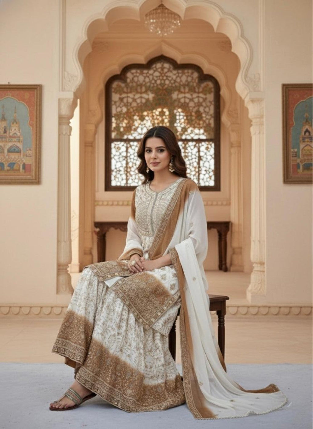 Anaita Brown & White Georgette Readymade Suit with Embroidery & Sequence Work | Grocsy